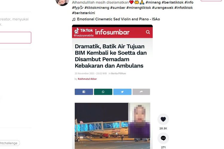 Tangkapan layar perihal informasi baliknya pesawat Batik Air di Bandara Soekarno Hatta dengan sambutan pemadam kebakaran dan ambulans viral di medsos.