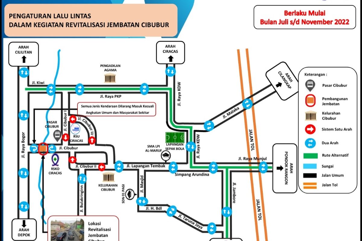 Akses menuju Jalan Lapangan Tembak, Cibubur, Jakarta Timur, ditutup sementara karena adanya revitalisasi Jembatan Cibubur hingga September 2022. Rekayasa lali lintas disiapkan oleh jajaran Suku Dinas Perhubungan Jakarta Timur.