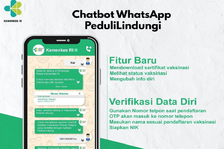 Kemenkes meluncurkan chatbot aplikasi PeduliLindungi sebagai layanan baru. Sertifikat vaksin bisa di-download melalui chatbot.