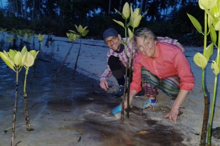 Turis asing menanam manggrove di pesisir Kabupaten Bintan.