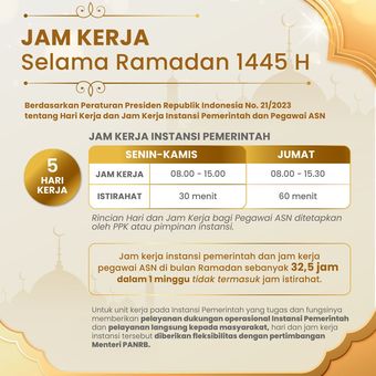 Jam kerja para aparatur sipil negara (ASN) selama bulan suci Ramadhan 1445 Hijriah (H).