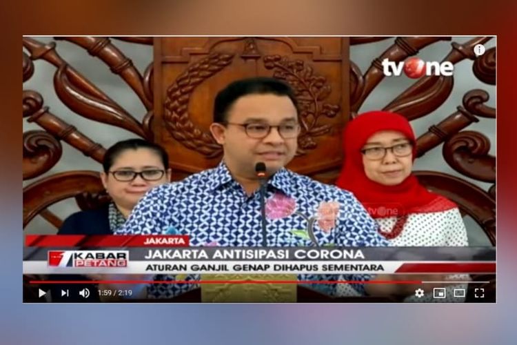 Tangkapan layar Gubernur DKI Jakarta Anies Baswedan soal penghapusan sementara aturan ganjil genap mobil pada Maret 2020. 