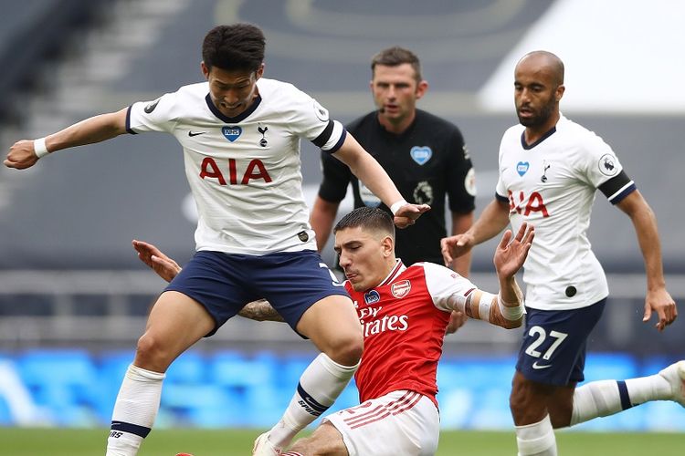 Penyerang Tottenham Hotspur Son Heung-Min (kiri) mendapat penjagaan dari bek Arsenal Hector Bellerin dalam laga Liga Inggris antara Tottenham vs Arsenal di Stadion Tottenham Hotspur di London, pada 12 Juli 2020.