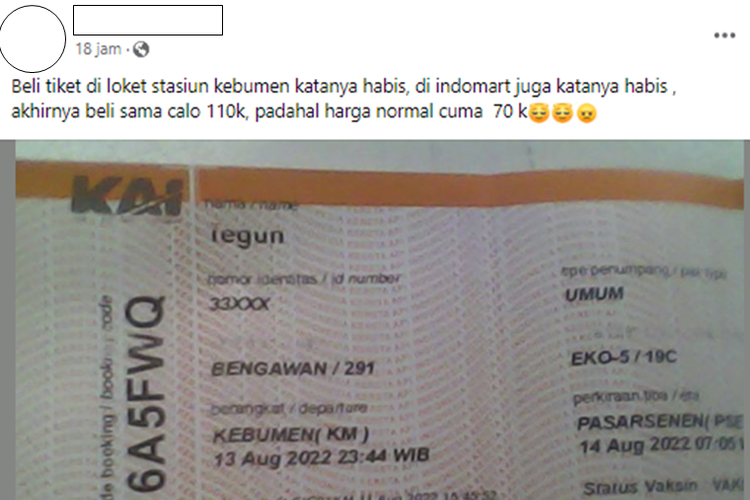 Tangkapan layar unggahan dari warganet yang mengaku membeli tiket kereta api lewat calo dengan harga lebih mahal.