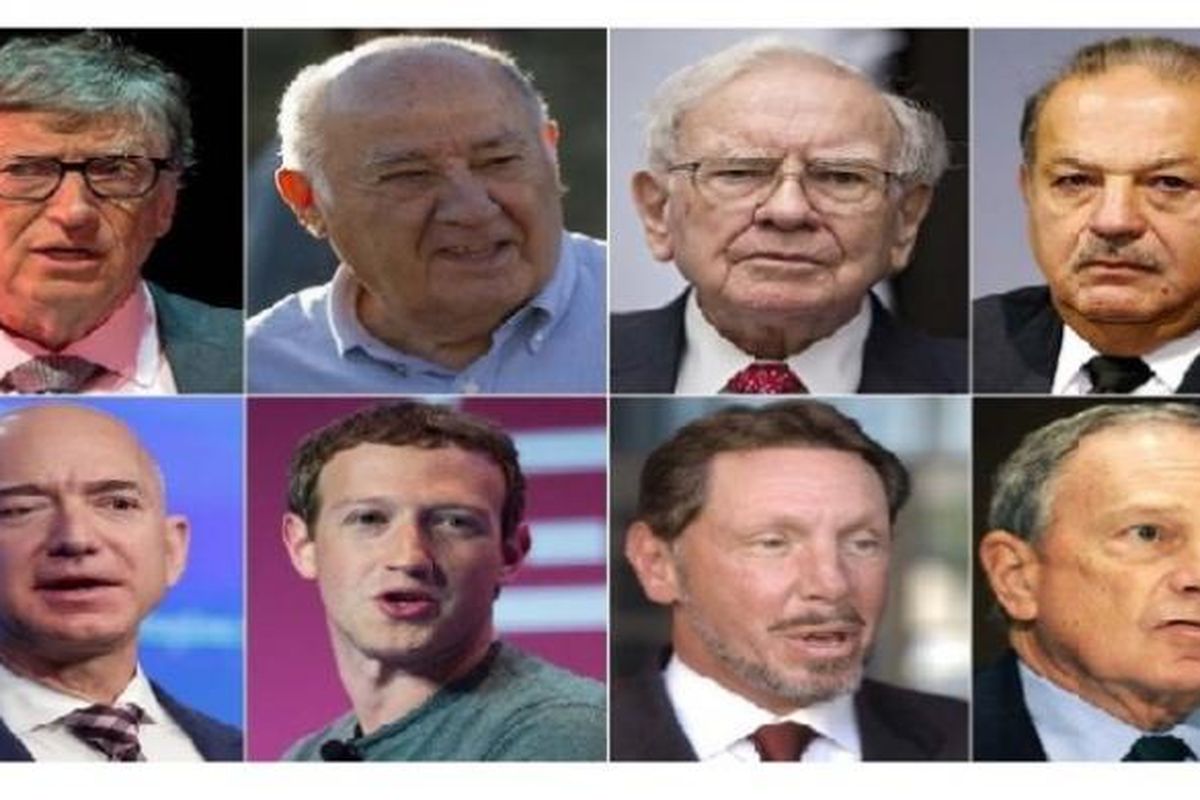 Orang-orang terkaya di dunia (kiri ke kanan), Bill Gates, Amancio Ortega, Warren Buffet, Carlos Slim Helu, Jeff Bezos, Mark Zuckerberg, Larry Ellison, dan Michael Bloomberg. 