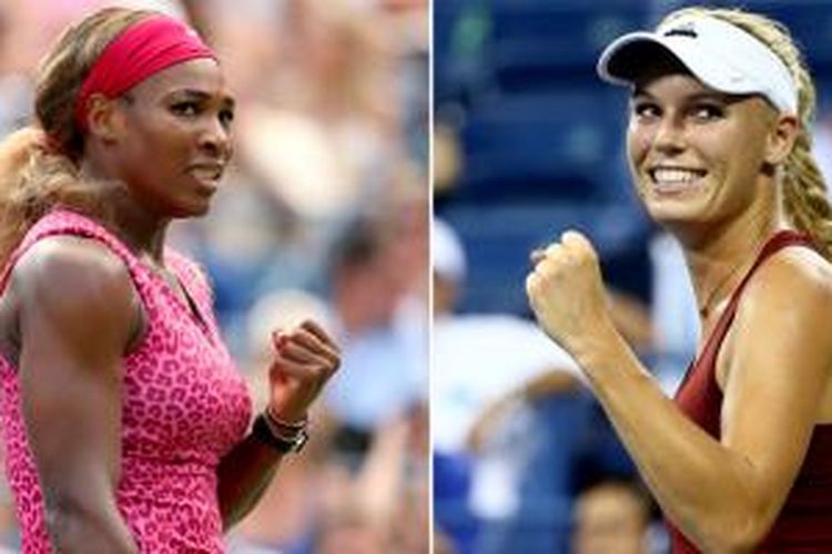 Petenis Amerika Serikat, Serena Williams (kiri), dan petenis Denmark, Caroline Wozniacki.