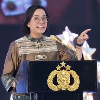 Menteri Keuangan (Menkeu) Sri Mulyani Indrawati saat menghadiri Musyawarah Perencanaan Pembangunan (Musrenbang) Polri Tahun 2025. 