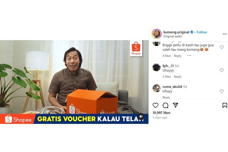 Unggahan video di akun Instagram Komeng yang puas dengan program Shopee GTW.