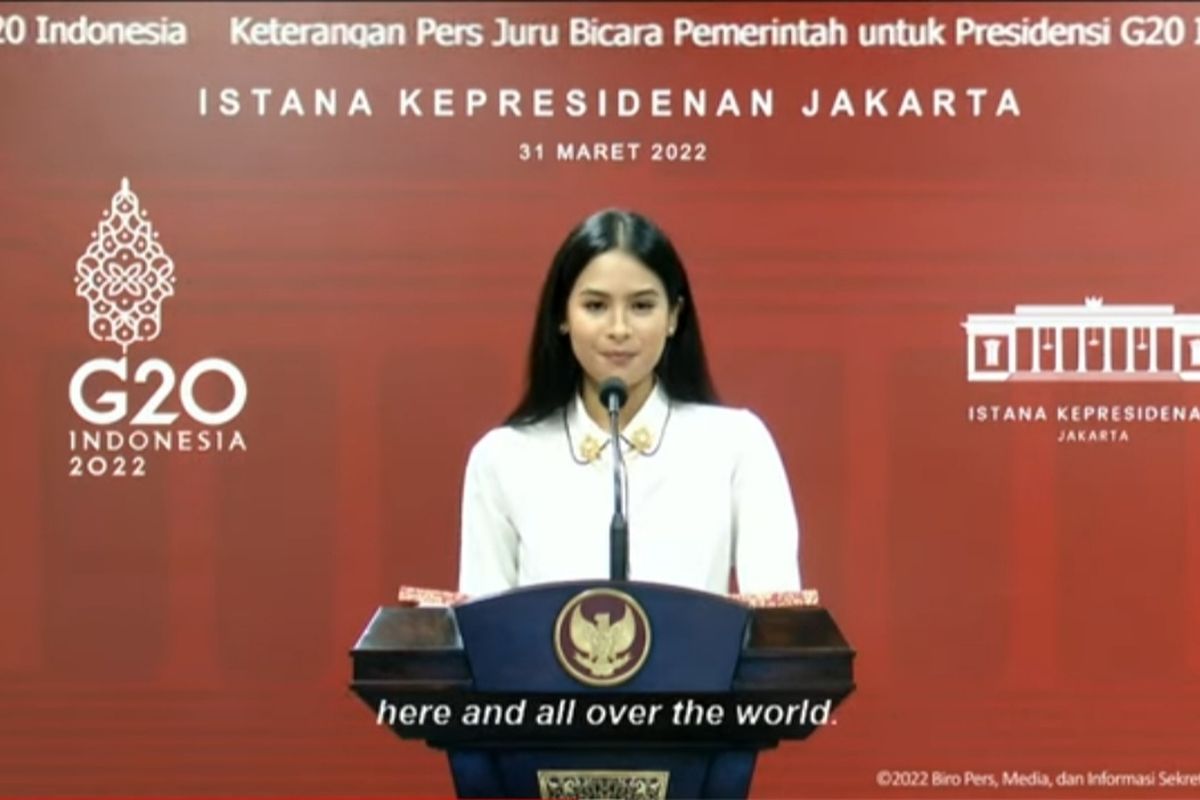 Juru Bicara Pemerintah untuk Presidensi G20 Indonesia, Maudy Ayunda saat memberikan keterangan pers pada Kamis (31/3/2022).