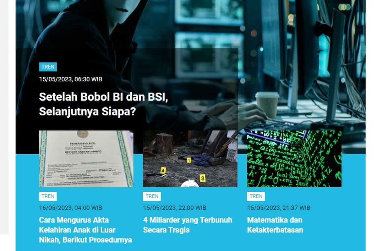 Tangkapan layar berita populer di laman Tren sepanjang Senin (15/5/2023) hingga Selasa (16/5/2023) pagi.