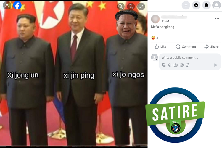 Tangkapan layar konten satire di sebuah akun Facebook, Senin (11/3/2024), foto Kim Jong Un, Xi Jinping, bersama Prabowo.