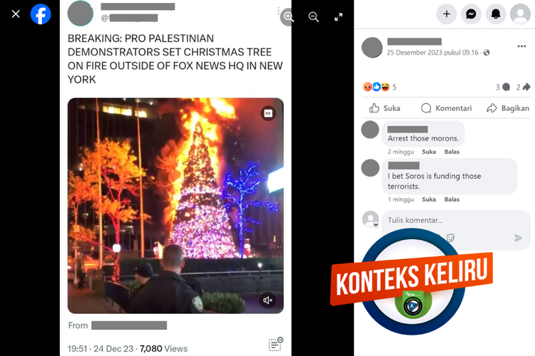 Tangkapan layar konten hoaks di sebuah akun Facebook, 25 Desember 2023, soal demonstran pro Palestina membakar pohon Natal di Manhattan.
