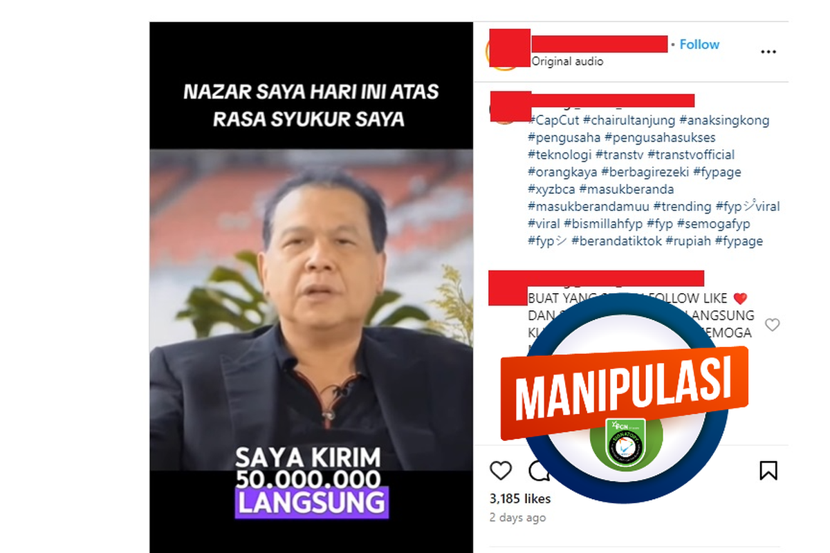 Tangkapan layar Instagram narasi yang menyebut Chairul Tanjung membagikan Rp 50 juta