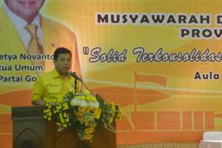 Ketua Umum Partai Golkar Setya Novanto ketika memberi sambutan dalam Musyawarah Daerah Partai Golkar di Kantor DPP Partai Golkar, Minggu (19/6/2016). 