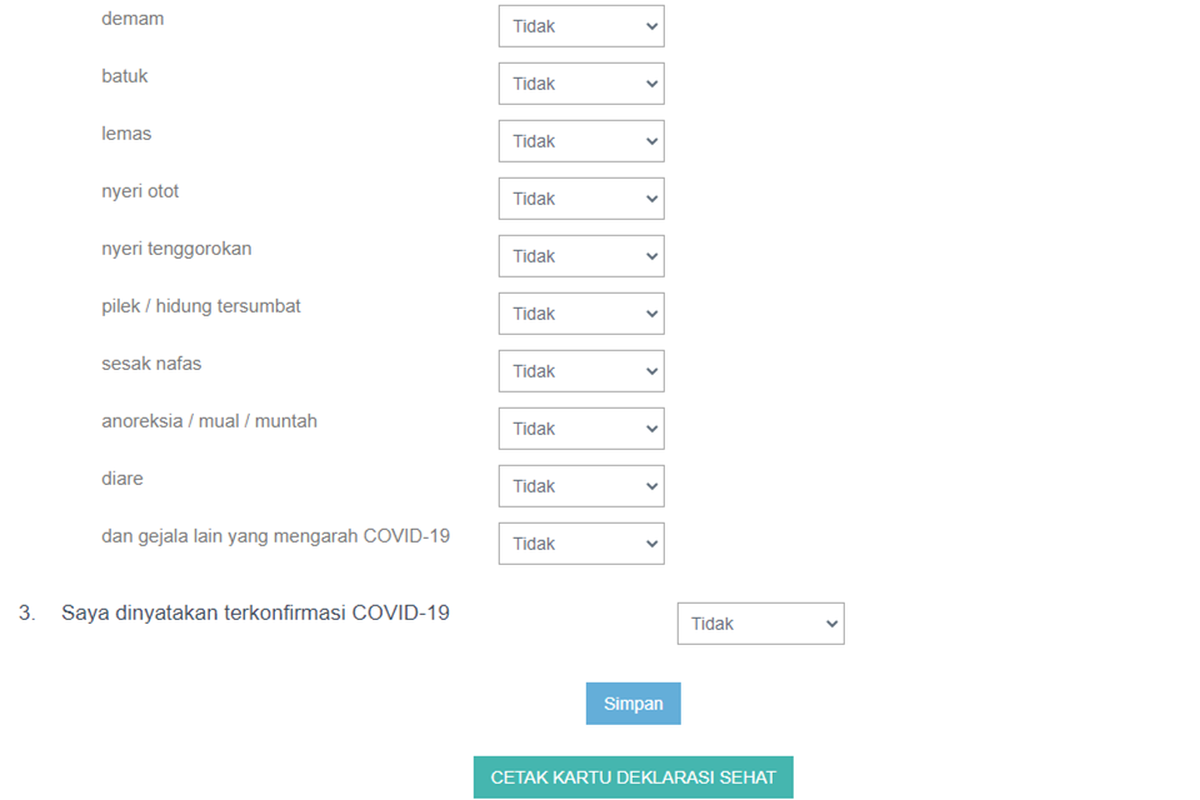 Tangkapan layar formulir isian deklarasi sehat pada laman SSCASN.