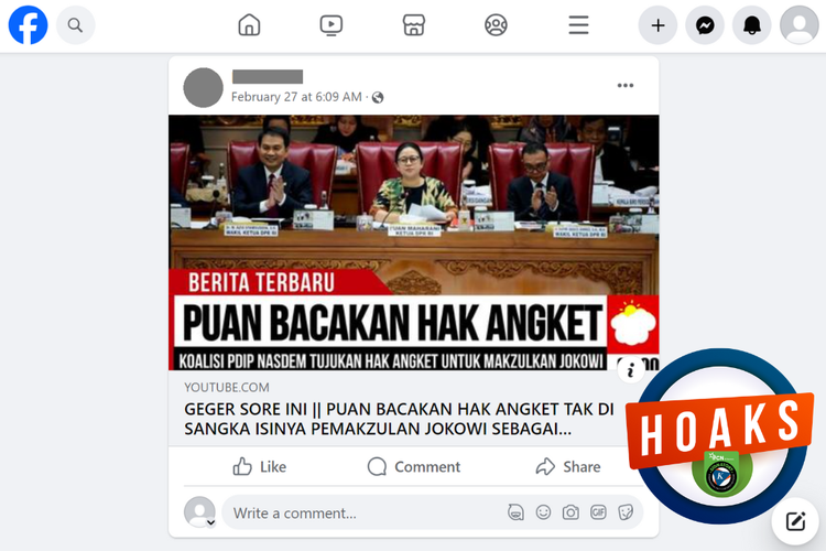 Tangkapan layar konten hoaks di sebuah akun Facebook, Selasa (27/2/2024), soal Puan bacakan hak angket pemakzulan Jokowi.