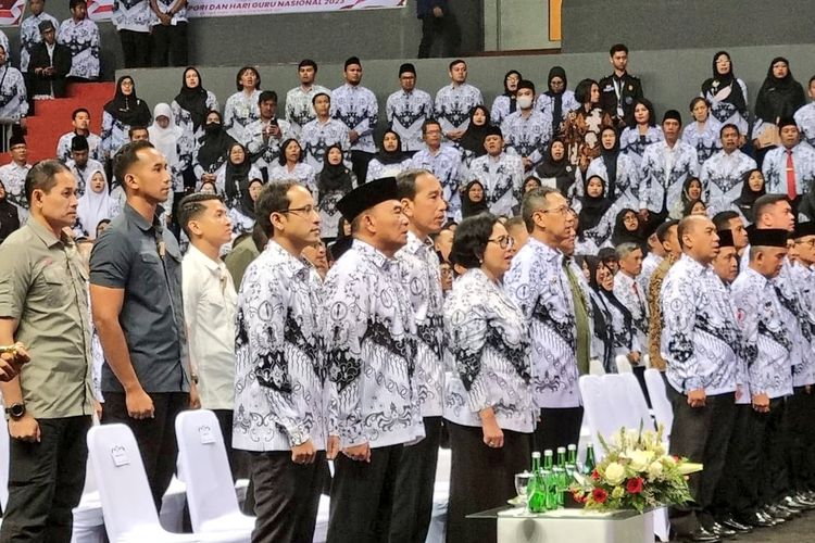 Acara HUT ke-78 PGRI dan Hari Guru Nasional (HGN) 2023 di Britama Arena Kelapa Gading, Jakarta, pada Sabtu (26/11/2023).