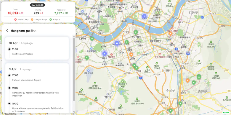 Ilustrasi Peta Persebaran Kasus Corona di Korea Selatan yang dilengkapi informasi pergerakan beberapa hari terakhir dari pasien tanpa membuka data pribadi (tampak di sisi kiri).