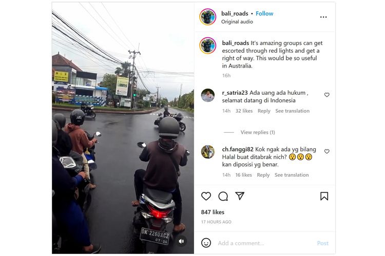 Pengendara warga negara asing kesal saat melihat polisi mengawal motor besar (moge) dengan menerobos lampu merah. 