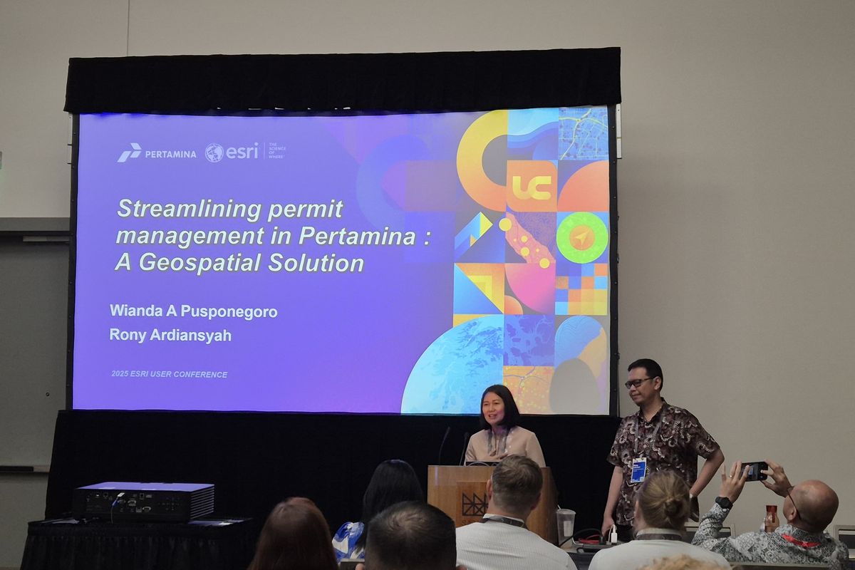 PT Pertamina (Persero) saat meluncurkan teknologi geospasial ArcGIS sebagai inovasi baru dalam pengelolaan perizinan terintegrasi di Esri User Conference 2025 di San Diego, Amerika Serikat, Rabu (16/7/2025).