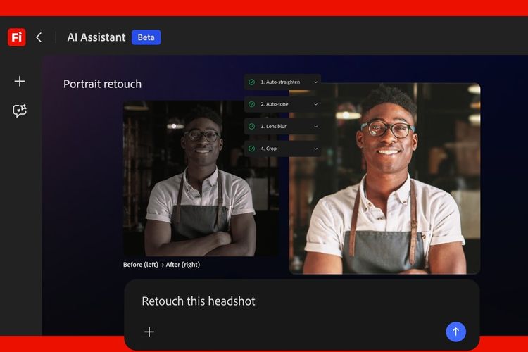 Tampilan Firefly AI Assistant di aplikasi Adobe yang memungkinkan pengguna melakukan edit foto, seperti portrait retouch, secara otomatis hanya dengan perintah teks.