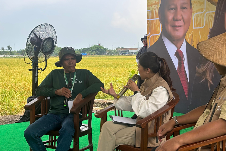 Menkomdigi Meutya Hafid berdiskusi dengan Petani terkait manfaat Teknologi IoT Jinawi di Kabupaten Sragen, Jawa Tengah, Rabu (5/11/2025).