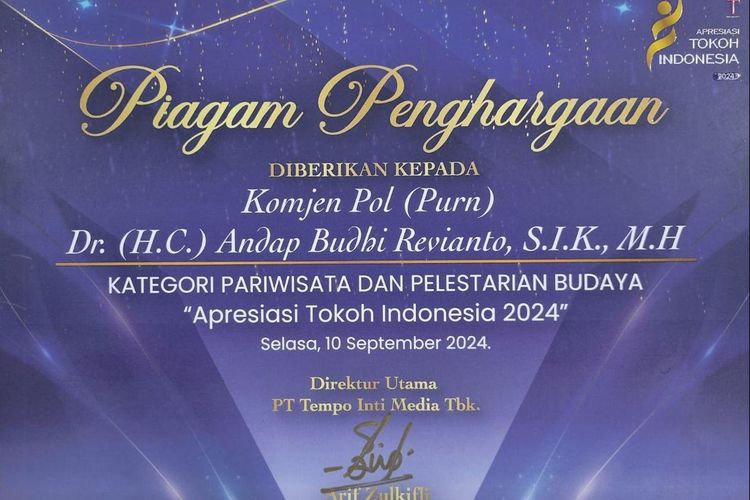 Penjabat (Pj) Gubernur Sulawesi Tenggara (Sultra) Andap Budhi Revianto meraih penghargaan Apresiasi Tokoh Indonesia 2024 kategori pariwisata dan pelestarian budaya dari PT Tempo Media Group.
