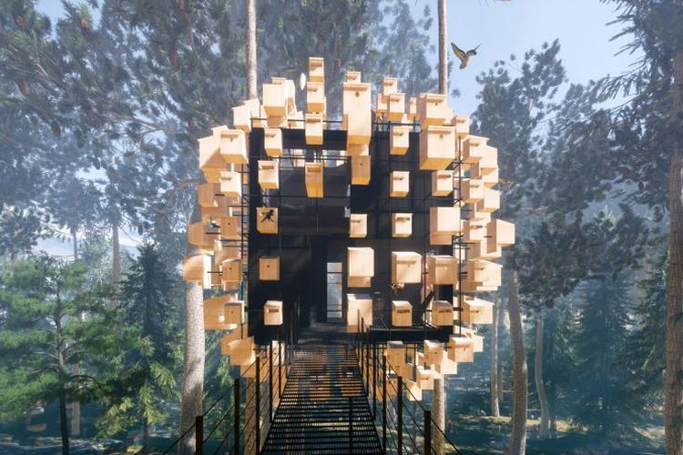 Desain unit rumah pohon Biosphere, yang merupakan dari Treehotel dan berlokasi di Swedia Utara