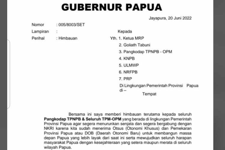 Surat imbauan yang mengatasnamakan Gubernur Papua Lukas Enembe yang viral di media sosial.
