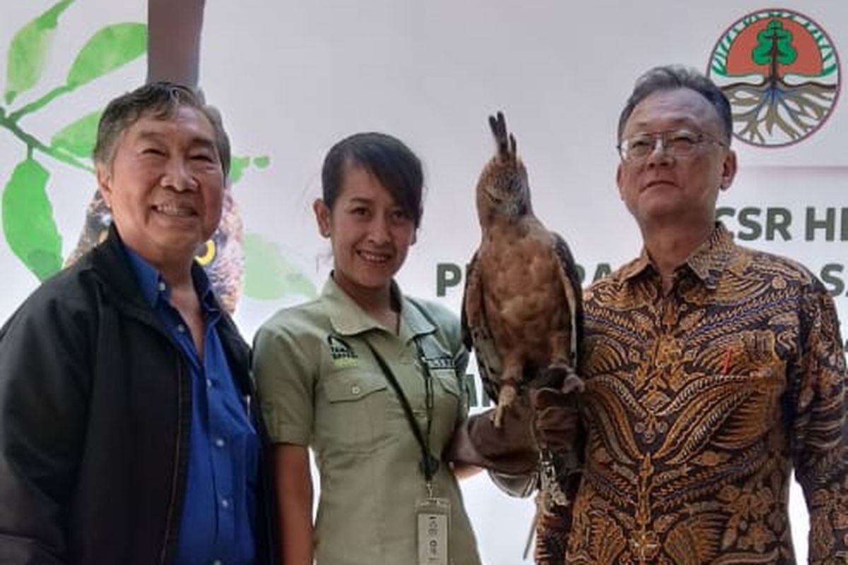 Kiri, Drs. Jansen Manansang, M.Sc, Direktur Taman Safari Indonesia. Kanan, Mr. Kazushi Ehara, Presiden Direktur PT Hino Motors Manufacturing Indonesia, berfoto dengan elang jawa bernama Elja yang merupakan hasil penangkaran di Taman Safari Indonesia.