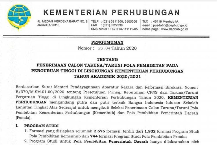 Penerimaan calon taruna/taruni Kementerian Perhubungan tahun 2020