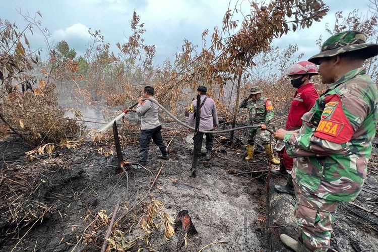 Petugas gabungan memadamkan api karhutla di Desa Tarai Bangun, Kecamatan Tambang, Kabupaten Kampar, Riau, Kamis (31/8/2023).