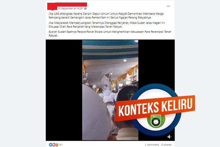 Tangkapan layar Facebook narasi yang menyebut UAS ditangkap polisi karena mendanai dapur umum untuk warga Rempang