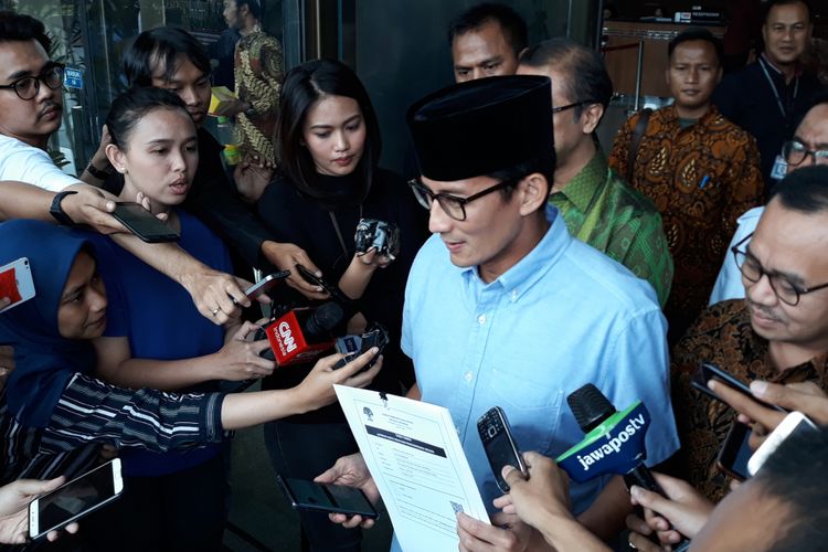 Calon wakil presiden Sandiaga Uno dan Sudirman Said di Gedung KPK Jakarta, Selasa (14/8/2018).