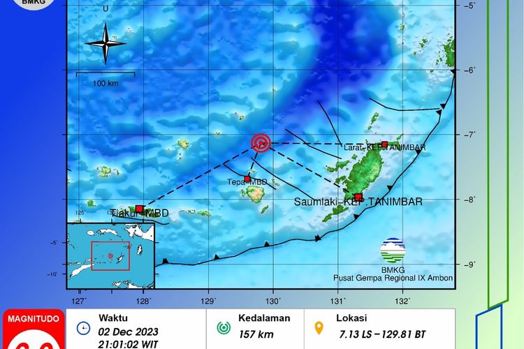 Gempa magnitudo 6.0 berlokasi di Laut Banda terasa hingga ke Tanimbar dan Maluku Barat Daya namun tidak berpotensi tsunami