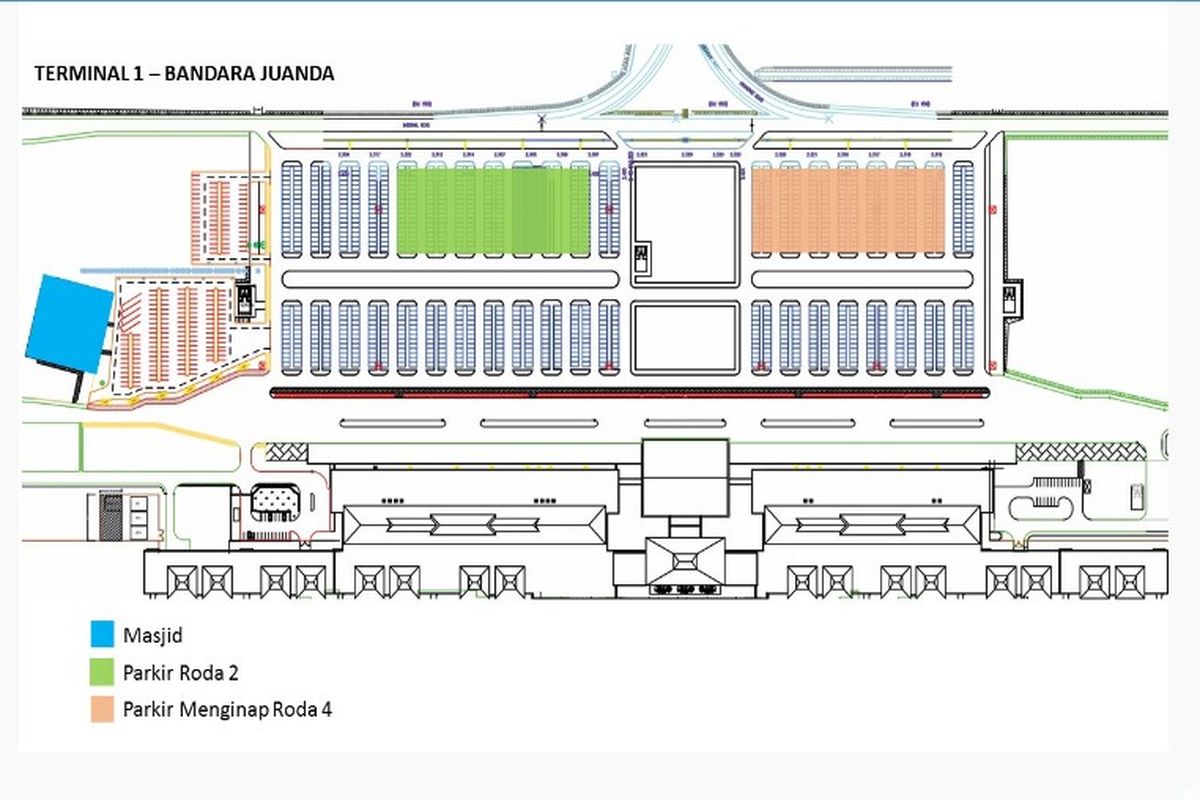 Peta area parkir Bandara Internasional Juanda. Pahami ketentuan biaya parkir Bandara Juanda 2023.
