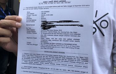 Bukti laporan Eza Gionino di Polres Bogor, Jawa Barat, Sabtu (16/11/2019). 