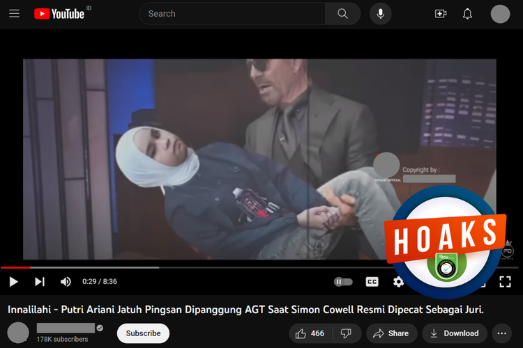 Tangkapan layar unggahan dengan narasi hoaks di sebuah akun YouTube, 23 Juni 2023, yang mengeklaim Putri Ariani pingsan di panggung AGT karena Simon Cowell dipecat sebagai juri.