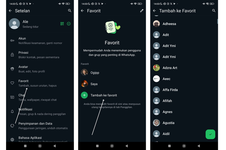 Ilustrasi cara tambahkan kontak Favorites di WA