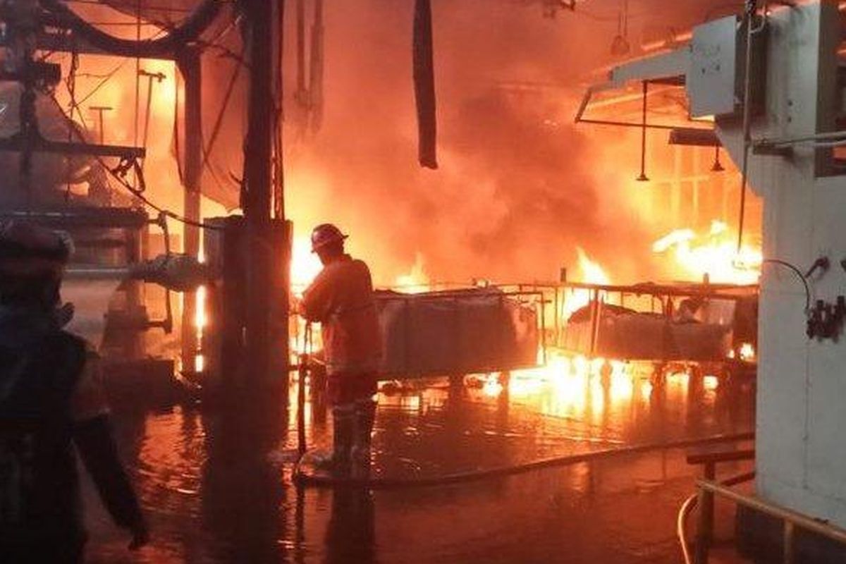 Petugas Damkar Purwakarta saat berupaya melakukan pemadaman api di PT Libolon, Desa Kembang Kuning, Kecamatan Jatilihur, Kabupaten Purwakarta, Jawa Barat, Selasa (13/8/2024) sore.