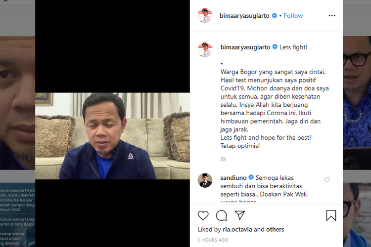 Wali Kota Bogor Bima Arya mengumumkan dirinya positif terkena virus corona melalui akun instagramnya, Jumat (20/3/2020).