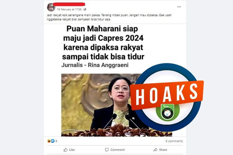 Tangkapan layar Facebook narasi yang Puan Maharani tidak bisa tidur karena dipaksa rakyat untuk menjadi capres di Pemilu 2024