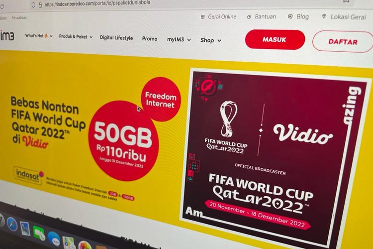 Ilustrasi paket streaming Piala Dunia 2022 di Vidio dari operator seluler Indosat.