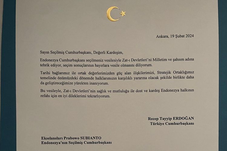 Surat Presiden Turkiye Erdogan untuk Prabowo.
