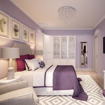 Ilustrasi kamar tidur dengan nuansa warna mauve.