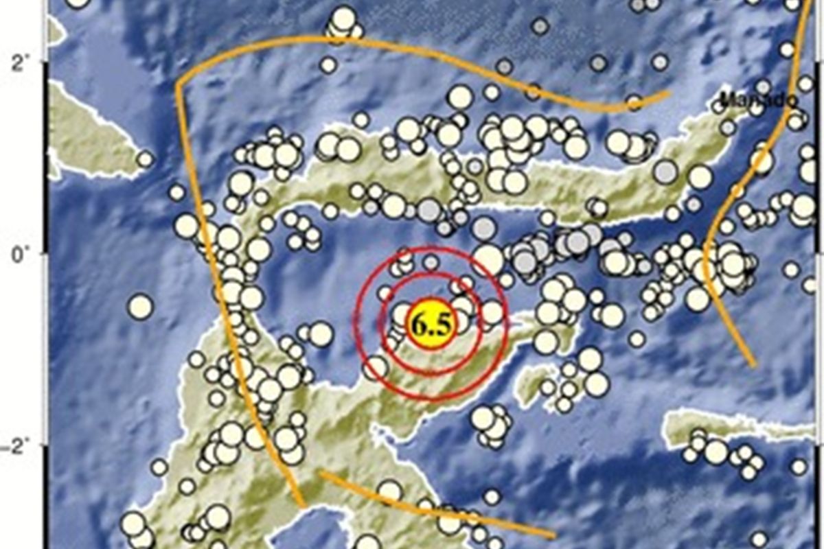 Lokasi gempa bermagnitudo 6,5 di Tojouna-una Sulawesi Tengah yang getarannya dirasakan hingga ke Gorontalo, Sulut dan Sulbar.