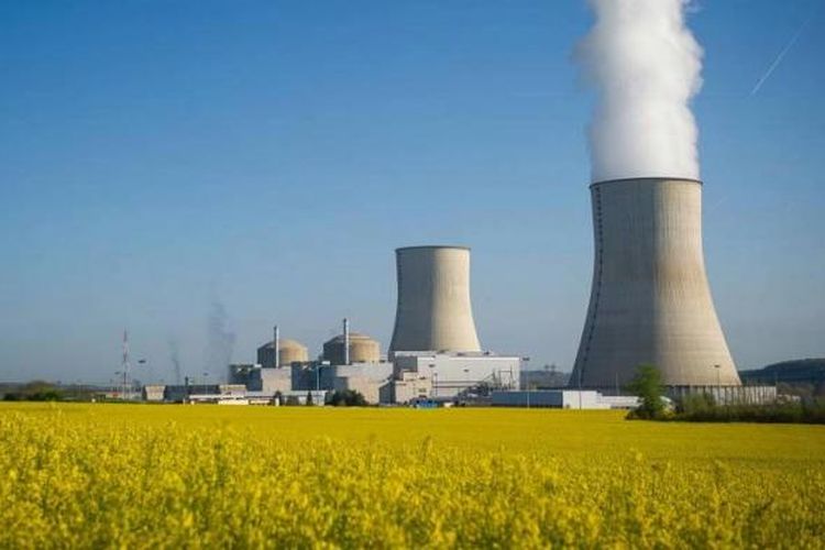Dua menara pendingin di pembangkit listrik tenaga nuklir Civaux, terlihat di belakang lapangan colza, Perancis, 25 April 2016. Reaktor nuklir Civaux dikembangkan untuk memenuhi kebutuhan listrik di Perancis, memiliki daya 1.450 megawatt.