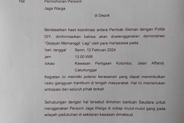 Surat dari Kapanewon Depok, Kabupaten Sleman yang beredar berisi permohonan personil Jaga Warga seiring dengan adanya aksi demo Gajayan Memanggil Lagi. Surat ini ditandatangani oleh Panuwu Depok Wawan Widiantoro.