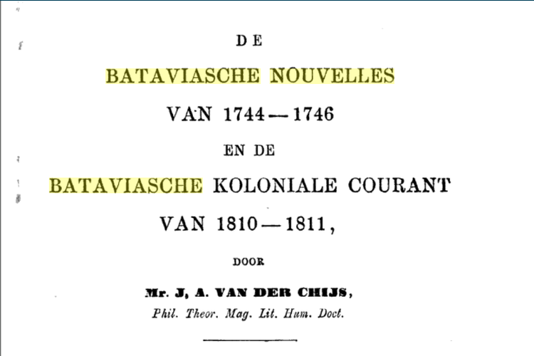 Salah satu artikel dalam jurnal Hindia Belanda yang membahas tentang keberadaan Bataviasche Nouvelles