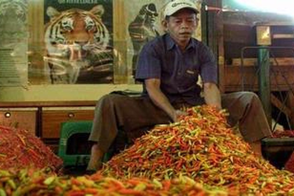 Pedagang cabai rawit di Pasar Induk Kramat Jati, Jakarta Timur tengah memilah cabai rawit yang rusak. 